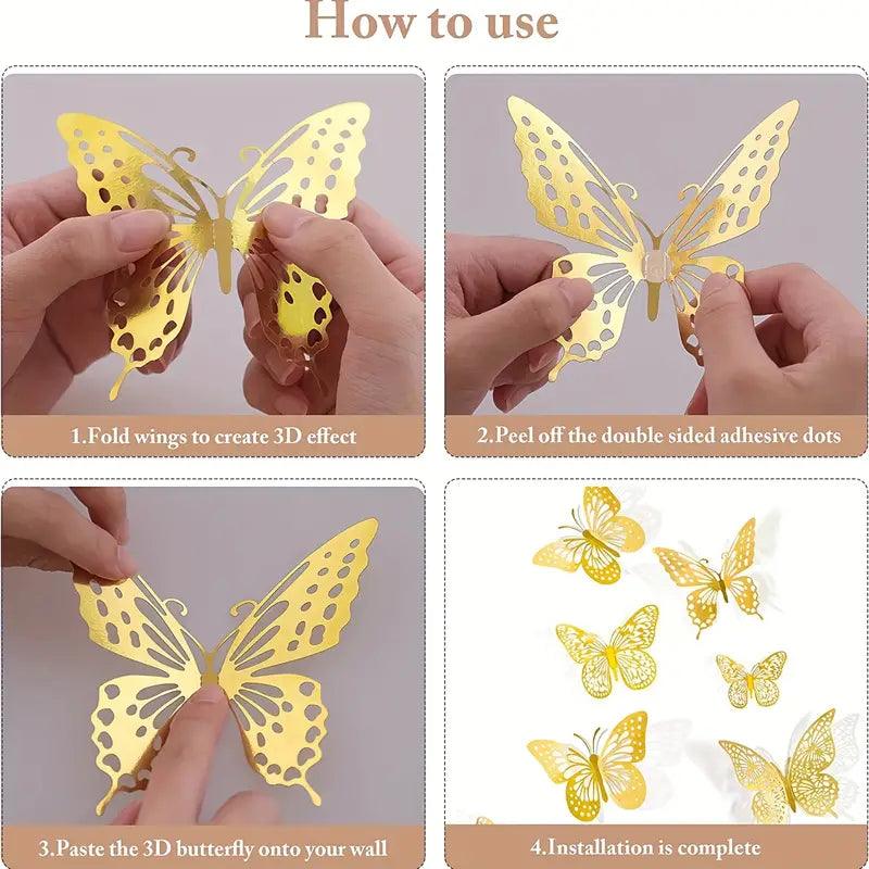 12pcs 3D Golden Hollow Butterfly Cake Toppers / Perfect for Birthday Cupcakes, Wall Decor, Wedding & Theme Parties - Lasercutwraps Shop