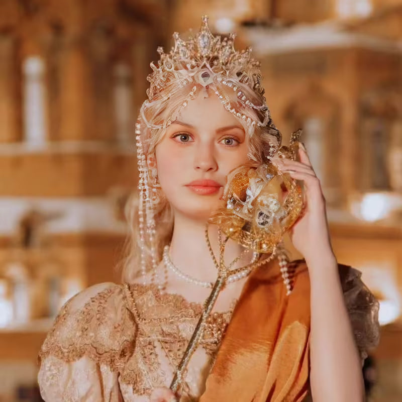 Baroque Crown Tiara Headband for Women - Elegant Golden-Tone Metal with Intricate Floral Design