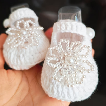 Handmade Baby 's First Walkers Shoes with Beaded Flower & Fabric Round-Toe Boots