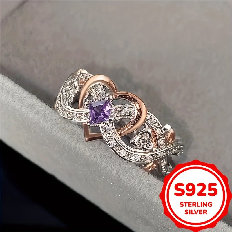 1pc Elegant 925 Sterling Silver Infinity Heart Ring with Purple Synthetic Zirconia