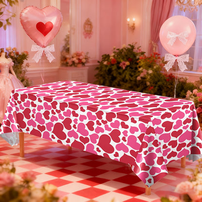 1pc Valentine's Day Pink Rose Fun Party Tablecloth, 108x54 Inch Pink Rose Heart Plastic Tablecloth for Valentine's Party Decorations