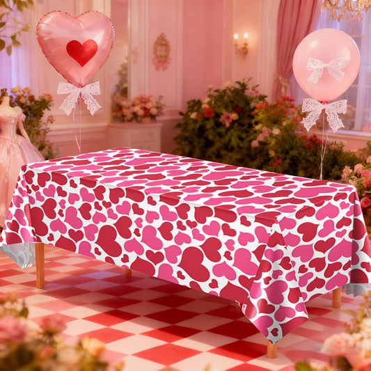 1pc Valentine's Day Pink Rose Fun Party Tablecloth, 108x54 Inch Pink Rose Heart Plastic Tablecloth for Valentine's Party Decorations