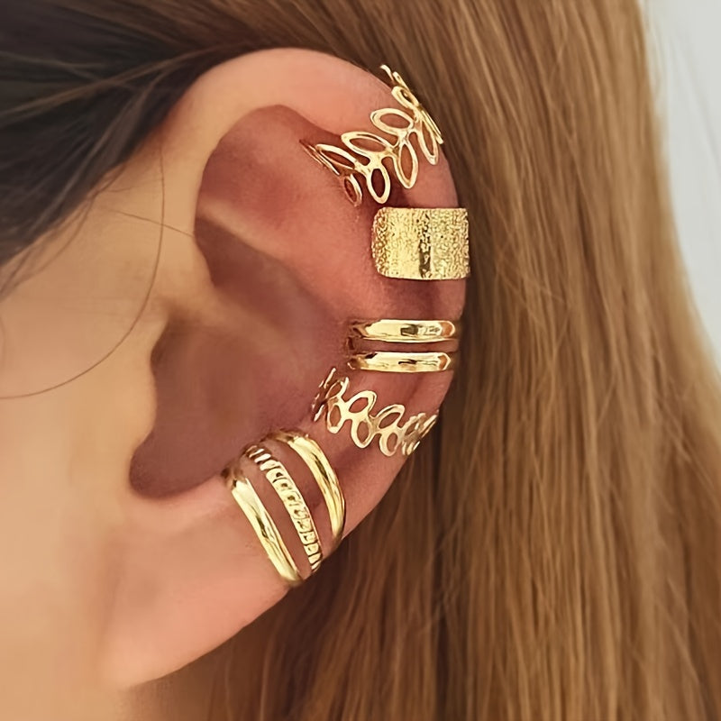 5pcs Women's C-Shaped Clip-On Earrings Set, Minimalist No-Piercing Ear Cuff Earrings