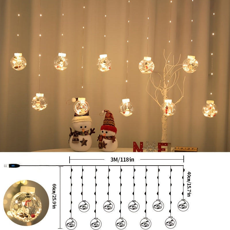 LED Christmas Curtain Lights with Wishing Ball & Snowman Tree Hanging Decorations