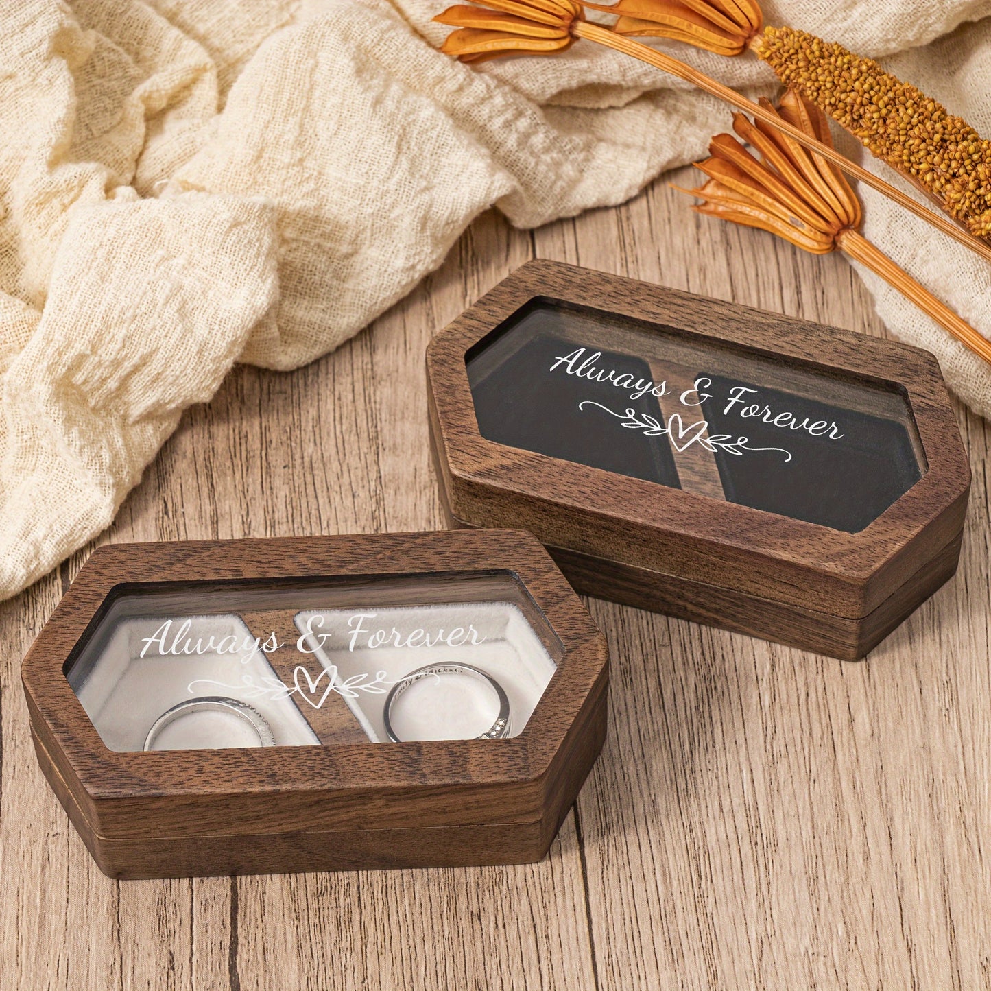 "Always & Forever" Engraved Wooden Ring Box - Double Slot, Perfect for Wedding & Proposal
