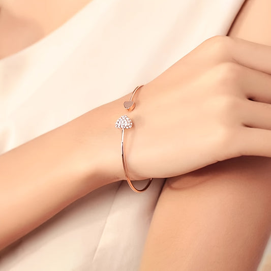 Simple Style Love Heart Open Bangle Bracelet Inlaid Shiny Rhinestone Simple Style