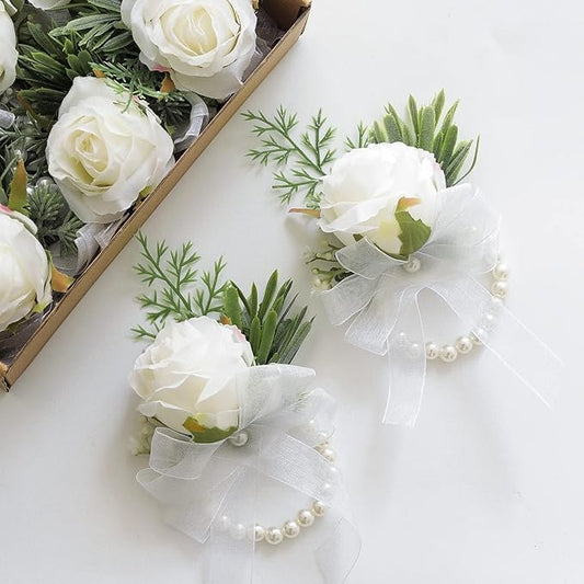 Set of 6 Ivory Rose Wrist Corsage Wristlet Band Bracelet for Women Bride Bridesmaid White Wedding Prom