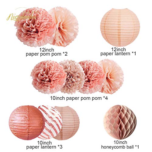 12PCS Rose Gold Tissue Pom Poms Paper Lantern for Wedding Bridal Shower Baby Shower Birthday  Party Decorations