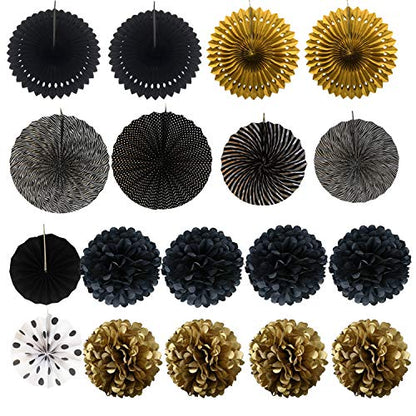 21Pcs Black and Gold Hanging Paper Pom Poms Flowers for Birthday Parties Wedding Décor