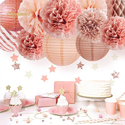 12PCS Rose Gold Tissue Pom Poms Paper Lantern for Wedding Bridal Shower Baby Shower Birthday  Party Decorations