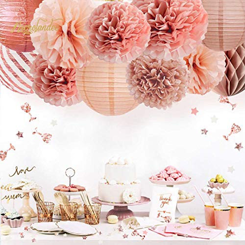 12PCS Rose Gold Tissue Pom Poms Paper Lantern for Wedding Bridal Shower Baby Shower Birthday  Party Decorations
