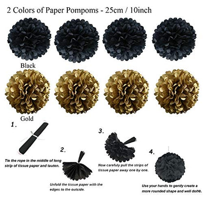 21Pcs Black and Gold Hanging Paper Pom Poms Flowers for Birthday Parties Wedding Décor
