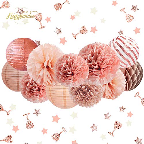 12PCS Rose Gold Tissue Pom Poms Paper Lantern for Wedding Bridal Shower Baby Shower Birthday  Party Decorations