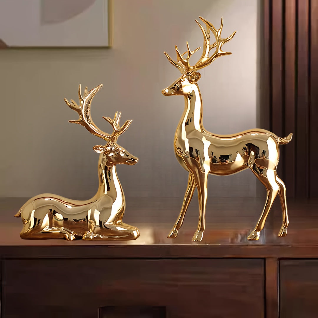 2pcs Large Solid Reindeer in Champagne Golden and Silvery, Festive Home Living Room Desk Craft Gift Decorative Ornament