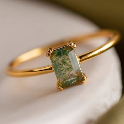 1pc Rectangle Natural Moss Agate Ring Promise Ring for Women