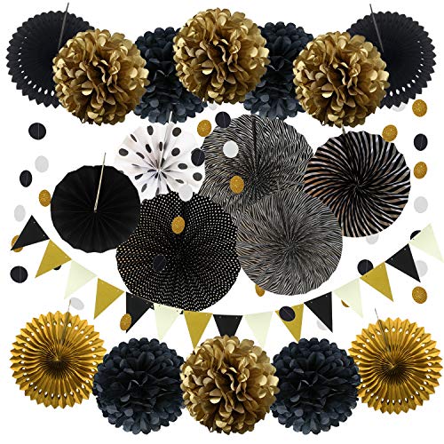 A set of black and gold themed paper decorations including pom poms, fans, and garlands laid out for display.