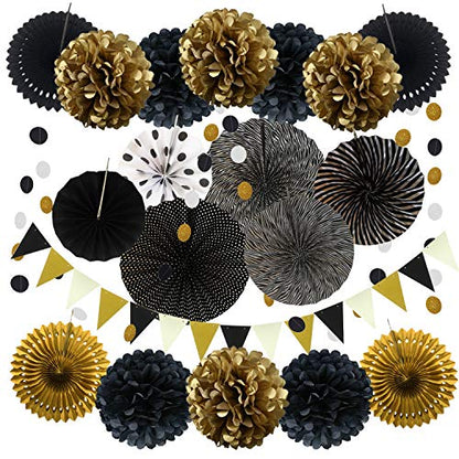 A set of black and gold themed paper decorations including pom poms, fans, and garlands laid out for display.