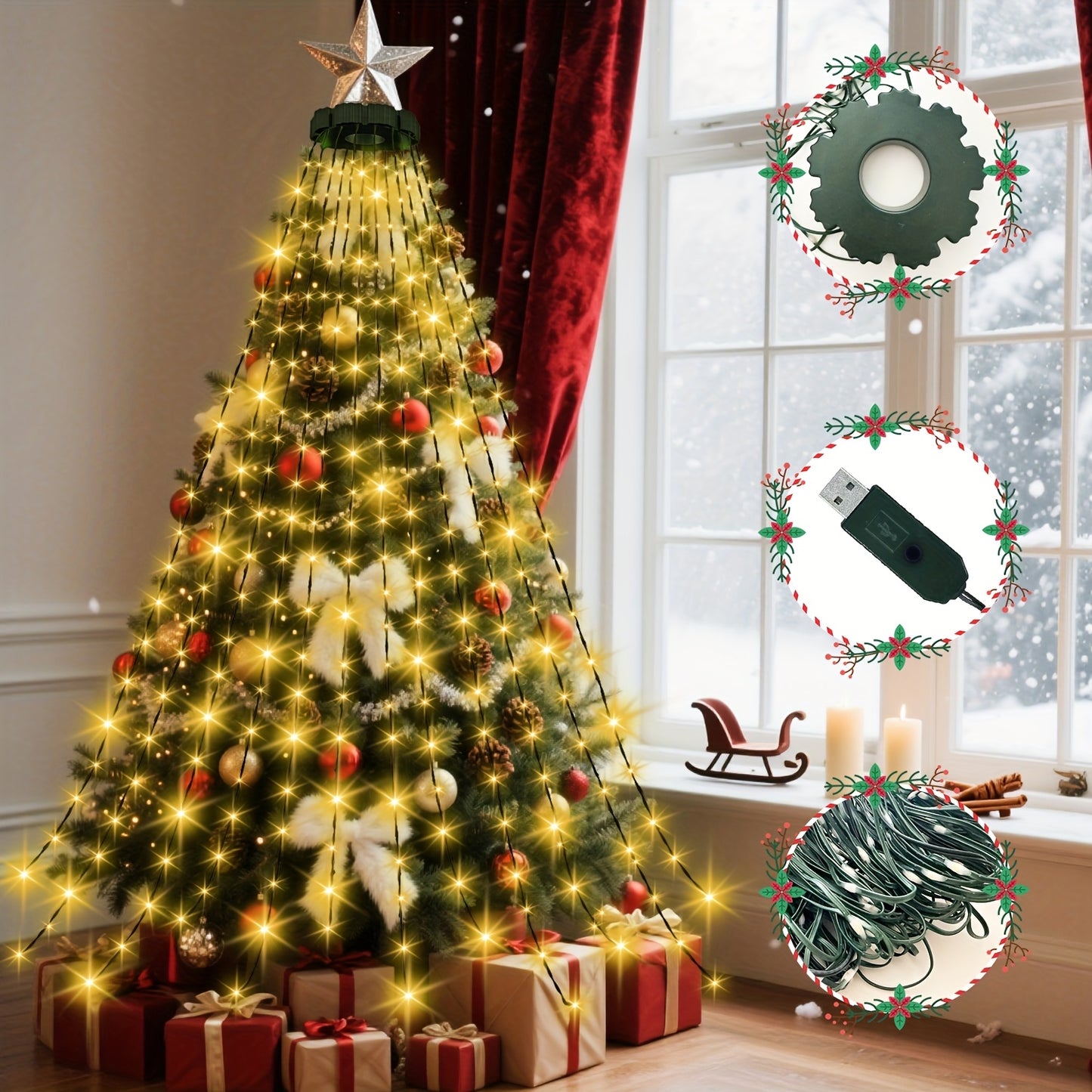 400/220 LED Christmas indoor light string, 20/11 string 78.74inch waterfall tree light, USB plug