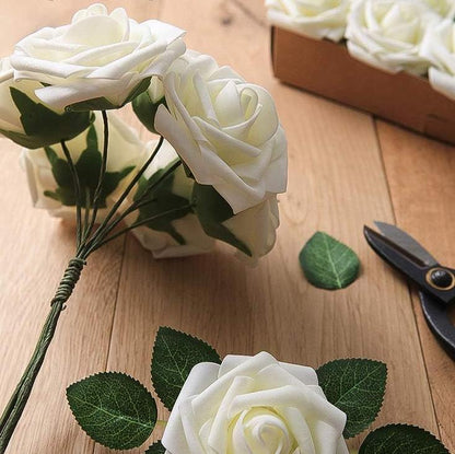 25pcs Real Looking Ivory Foam Fake Roses with Stems for DIY Wedding Bouquets