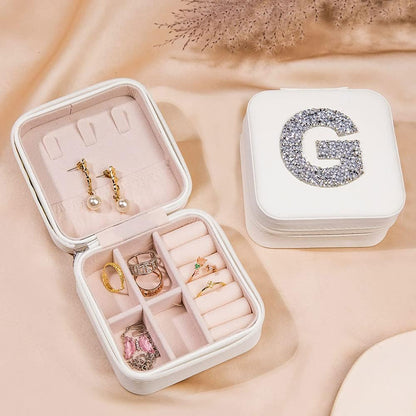 Custom Initial Jewelry Box for Bridesmaid, Personalized Rhinestone Initial Letter Travel Jewelry Box