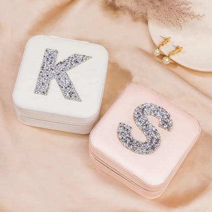 Custom Initial Jewelry Box for Bridesmaid, Personalized Rhinestone Initial Letter Travel Jewelry Box