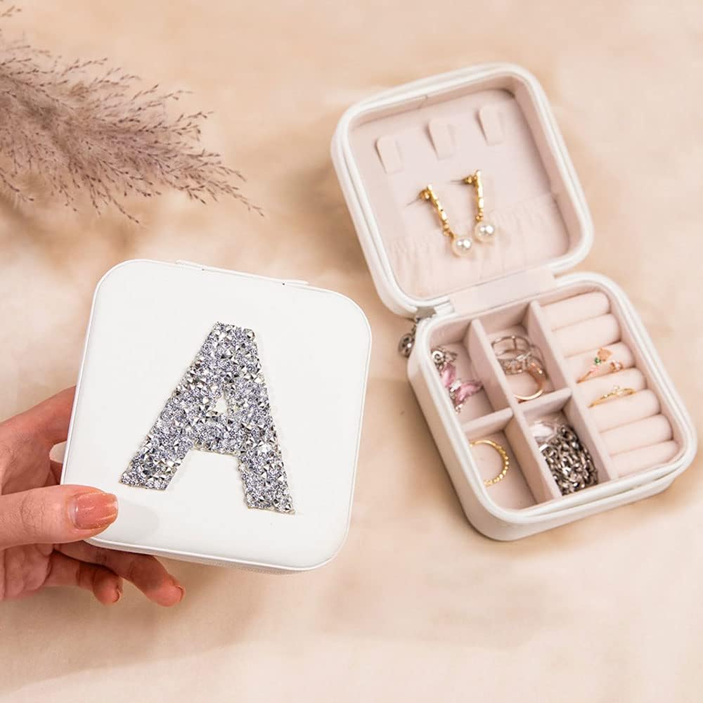 Custom Initial Jewelry Box for Bridesmaid, Personalized Rhinestone Initial Letter Travel Jewelry Box