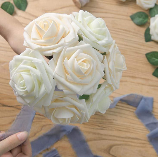 25pcs Real Looking Ivory Foam Fake Roses with Stems for DIY Wedding Bouquets
