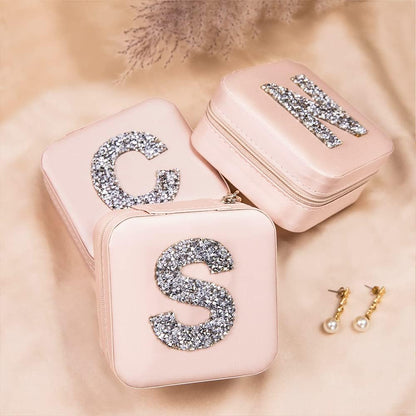 Custom Initial Jewelry Box for Bridesmaid, Personalized Rhinestone Initial Letter Travel Jewelry Box