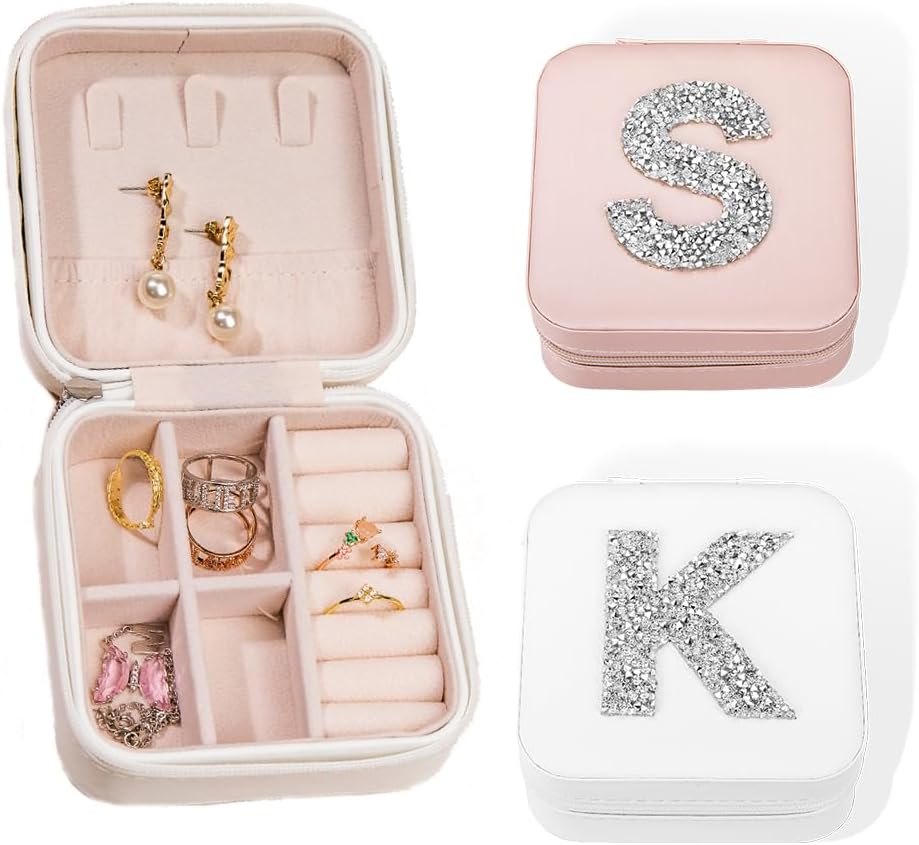 Custom Initial Jewelry Box for Bridesmaid, Personalized Rhinestone Initial Letter Travel Jewelry Box