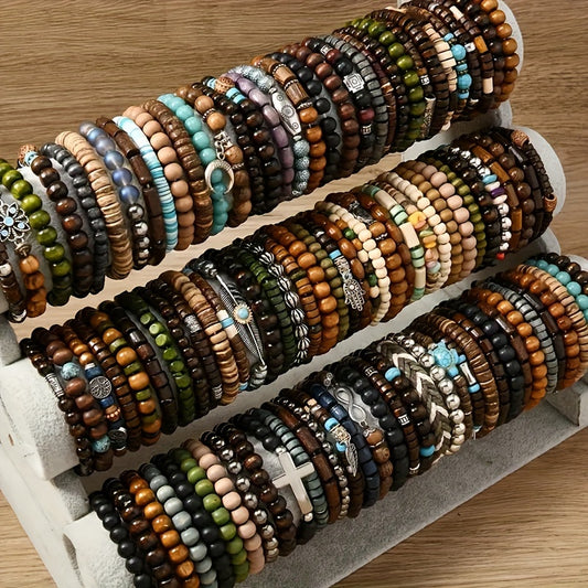 36-Pack Assorted Wooden Beaded Bracelets, Uncoated Metal, Zinc Alloy Charms, Women's Men's Fashion Jewelry