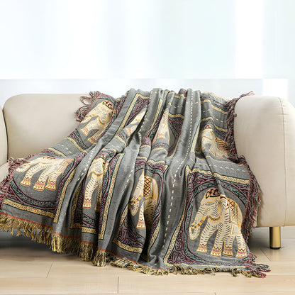 Bohemian Elephant Print Tassel Cotton Blanket
