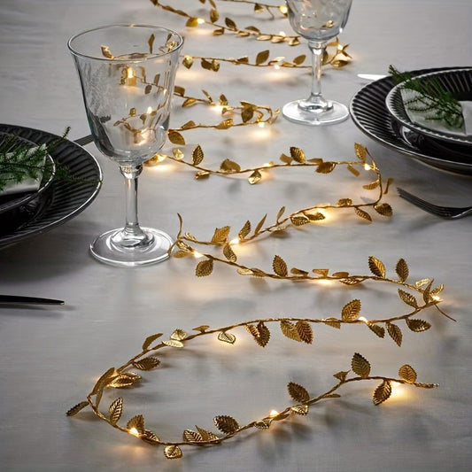 1pc Modern Golden Yellow Leaf LED String Lights, For Home Bedroom, Wedding Christmas Holiday Decoration, Powered By Battery Box (No Battery, 6.56ft/2m 20LED)