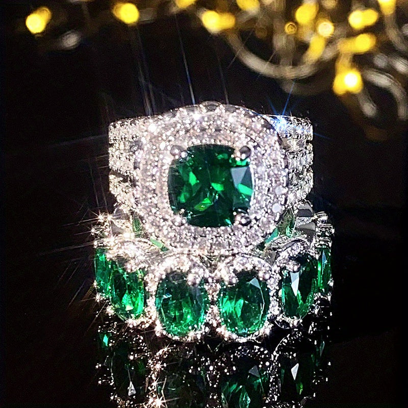 Fashion Silvery Color Green Stone Ring Set Wedding Band Valentine's Day Jewelry