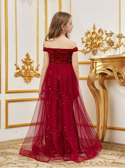 Girls' Luxury Off-Shoulder Sequin Mermaid Party Dress - Long Tulle Layered Fitted Evening Gown for Special Occasions