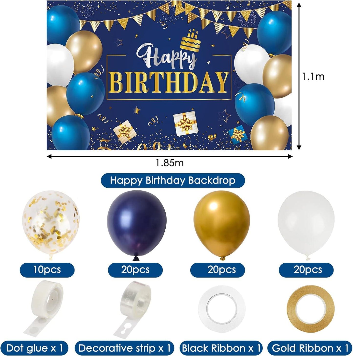 Navy Blue Birthday Decorations Happy Birthday Backdrop with 70pc Navy Blue Gold and White Balloon Garland Kit - Lasercutwraps Shop