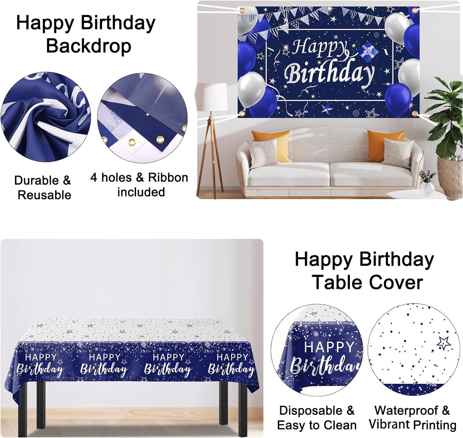 80 PCS Blue and Silver Birthday Decorations, Happy Birthday Backdrop Banner Party Supplies - Lasercutwraps Shop