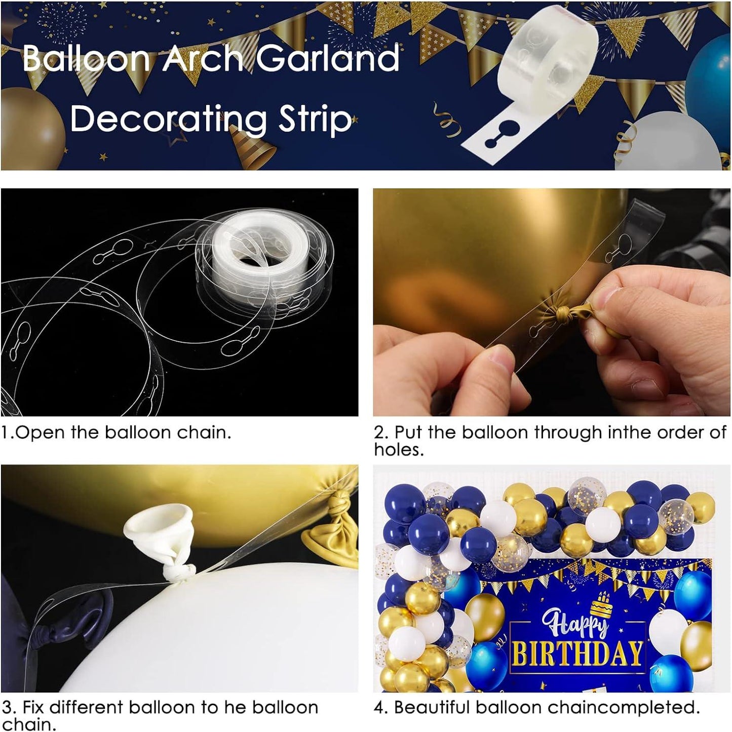 Navy Blue Birthday Decorations Happy Birthday Backdrop with 70pc Navy Blue Gold and White Balloon Garland Kit - Lasercutwraps Shop