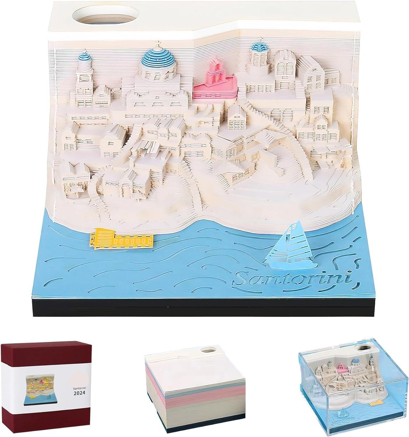 2024 3D Art Santorini Calendar Memo Pad / Rip Away Paper Carving Sticky DIY Note - Lasercutwraps Shop