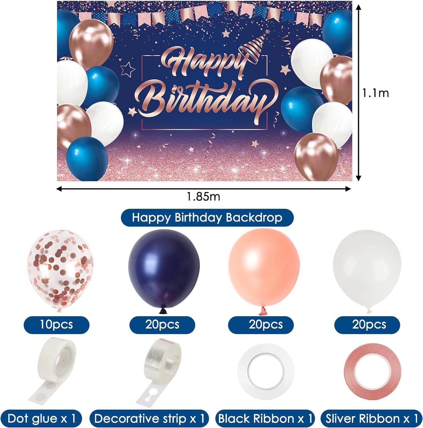 Navy Blue and Rose Gold Balloons with Happy Birthday Backdrop Kit - Lasercutwraps Shop