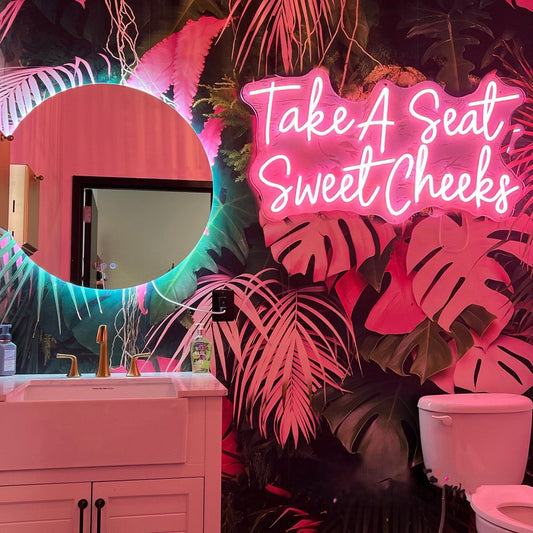 Take A Seat Sweet Cheeks Neon Sign – Pink LED Light for Bathroom, Bar & Fun Wall Decor