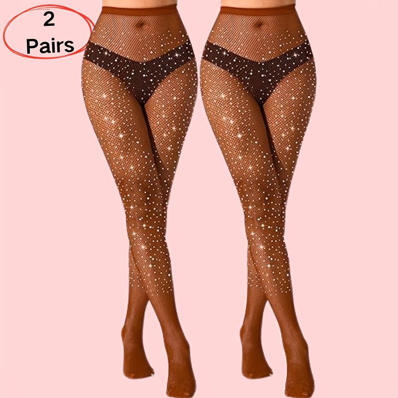 2 Pairs Women'S Rhinestone-Embellished Fishnet Tights