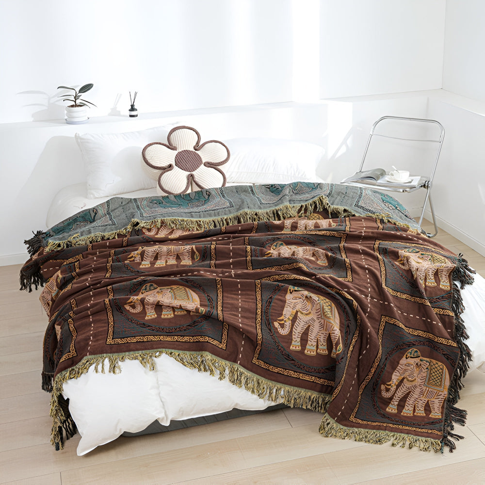 Bohemian Elephant Print Tassel Cotton Blanket