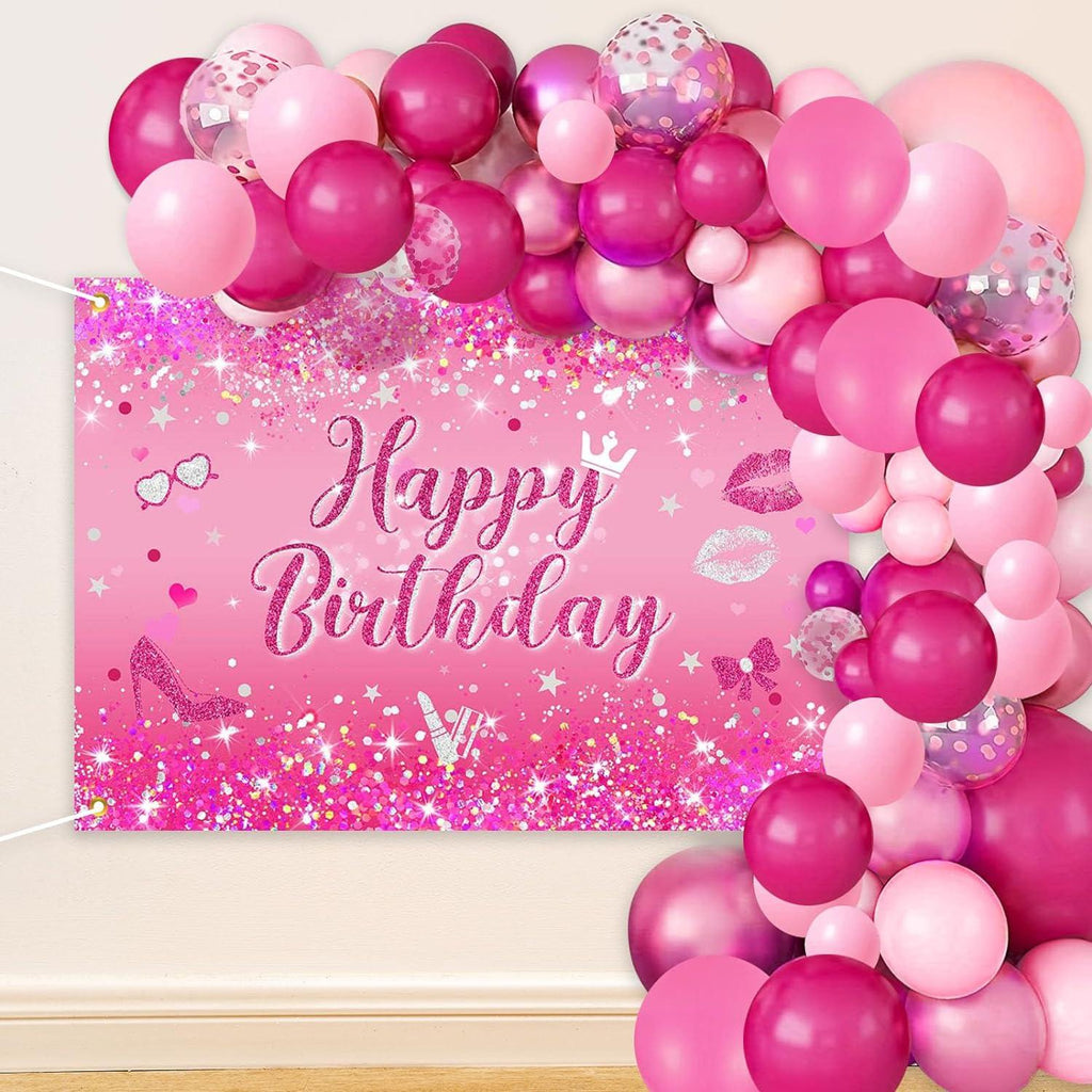 Hot Pink Birthday Balloons Garland Arch Kit Set with Birthday Party Banner Supplies - Lasercutwraps Shop
