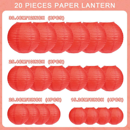 20 Pcs Red Paper Lanterns Chinese New Year Decorative Round Paper Lanterns for Spring Festival