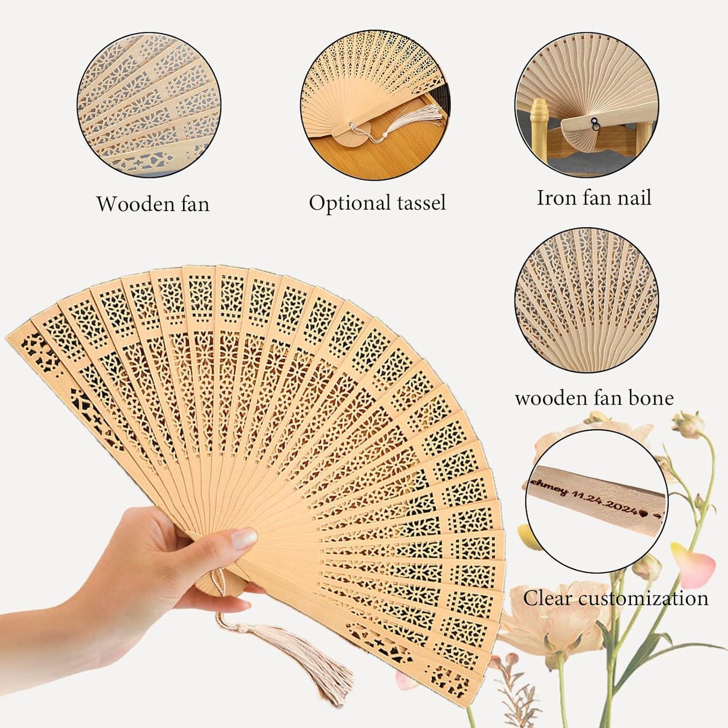 Wedding Fans 50Pcs Personalized Folding Hand Fans Custom Sandalwood Wedding Fans Wedding Favors - Lasercutwraps Shop