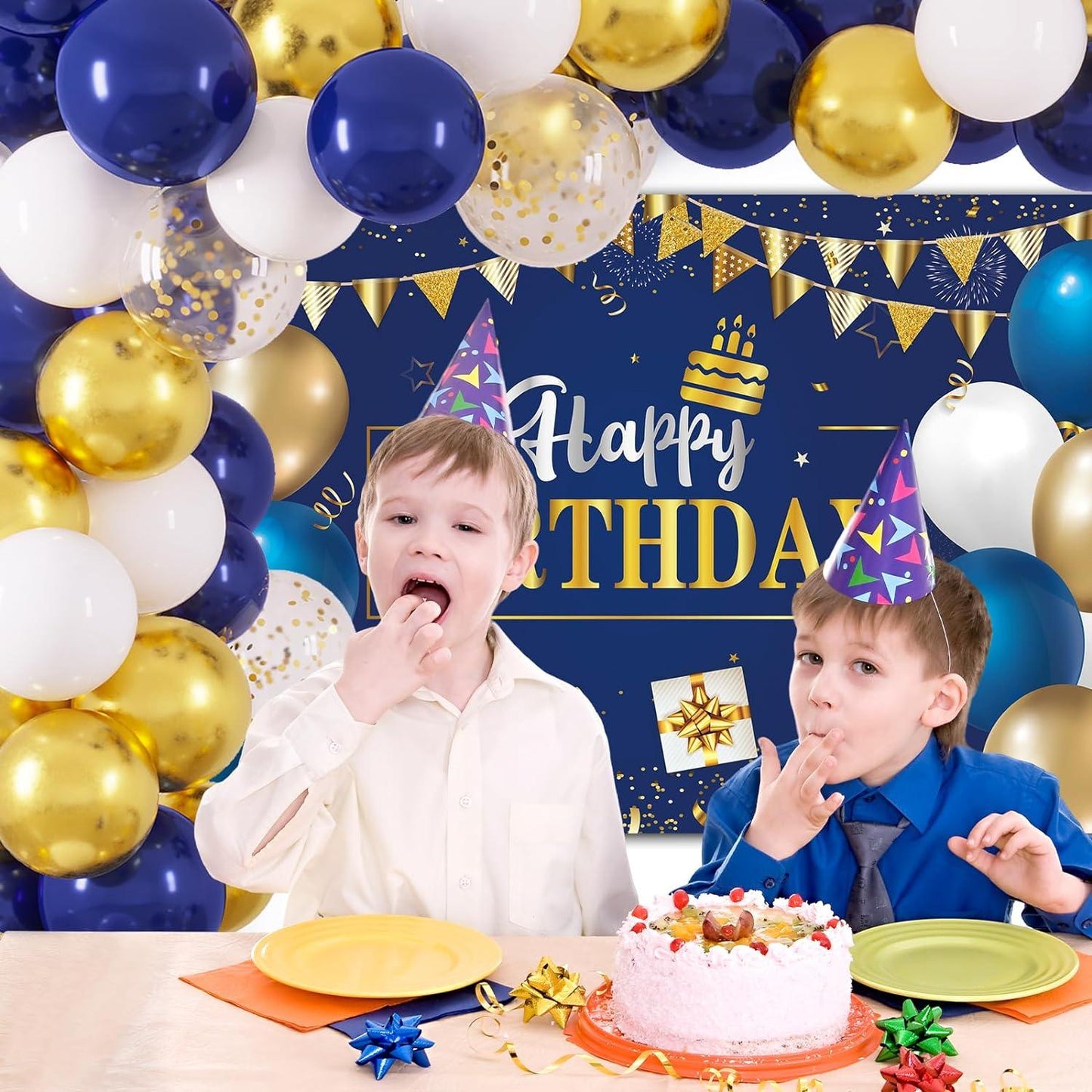 Navy Blue Birthday Decorations Happy Birthday Backdrop with 70pc Navy Blue Gold and White Balloon Garland Kit - Lasercutwraps Shop