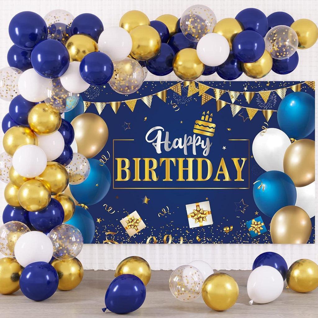 Navy Blue Birthday Decorations Happy Birthday Backdrop with 70pc Navy Blue Gold and White Balloon Garland Kit - Lasercutwraps Shop