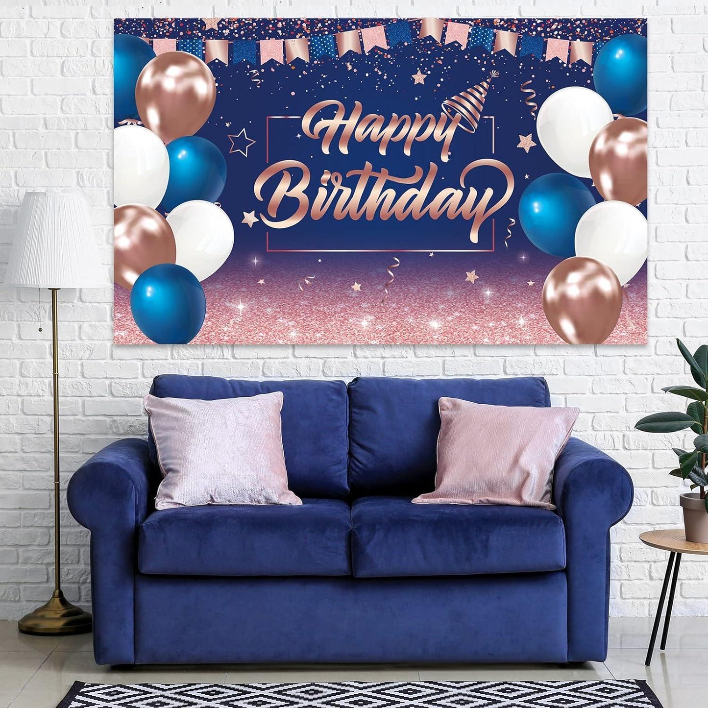 Navy Blue and Rose Gold Balloons with Happy Birthday Backdrop Kit - Lasercutwraps Shop