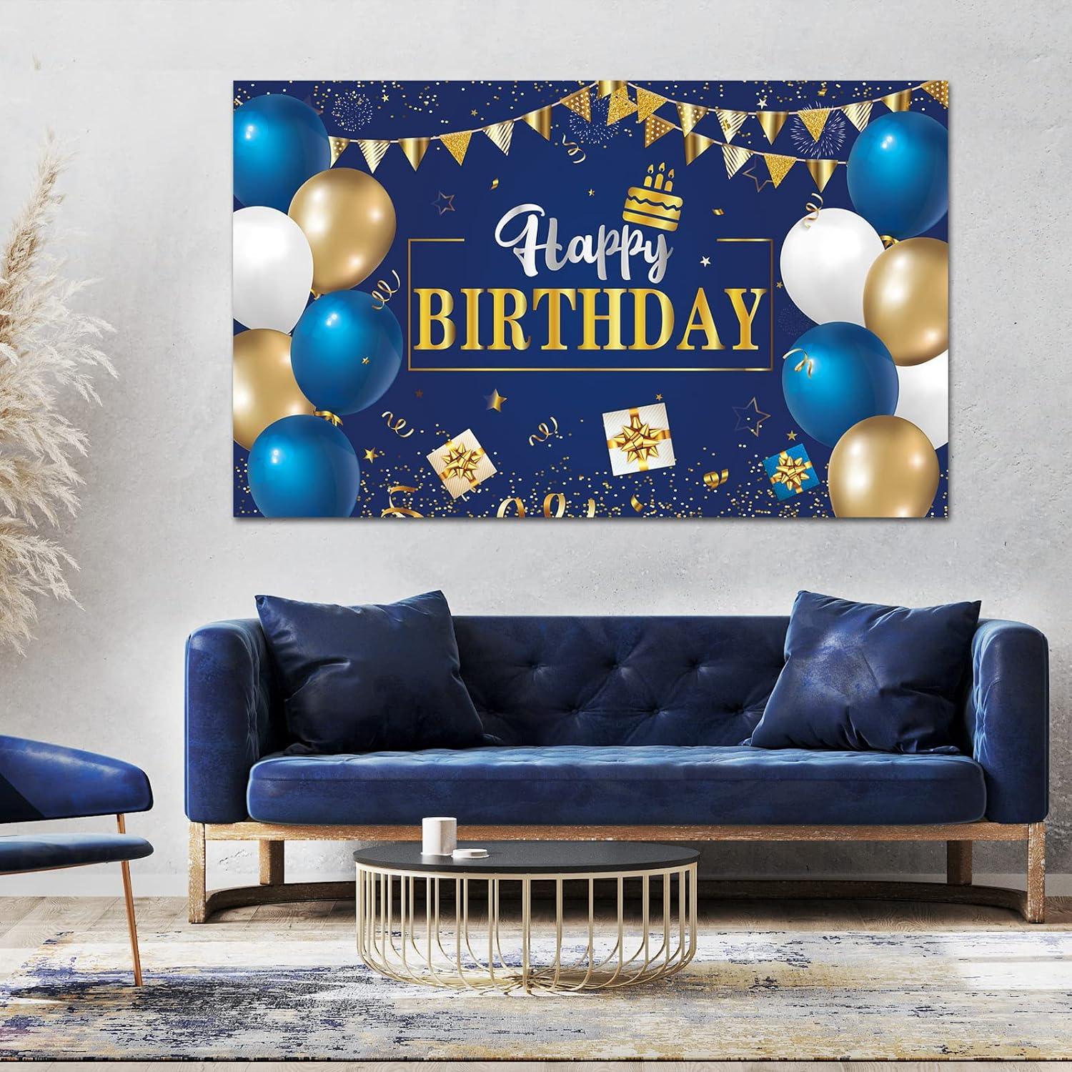 Navy Blue Birthday Decorations Happy Birthday Backdrop with 70pc Navy Blue Gold and White Balloon Garland Kit - Lasercutwraps Shop