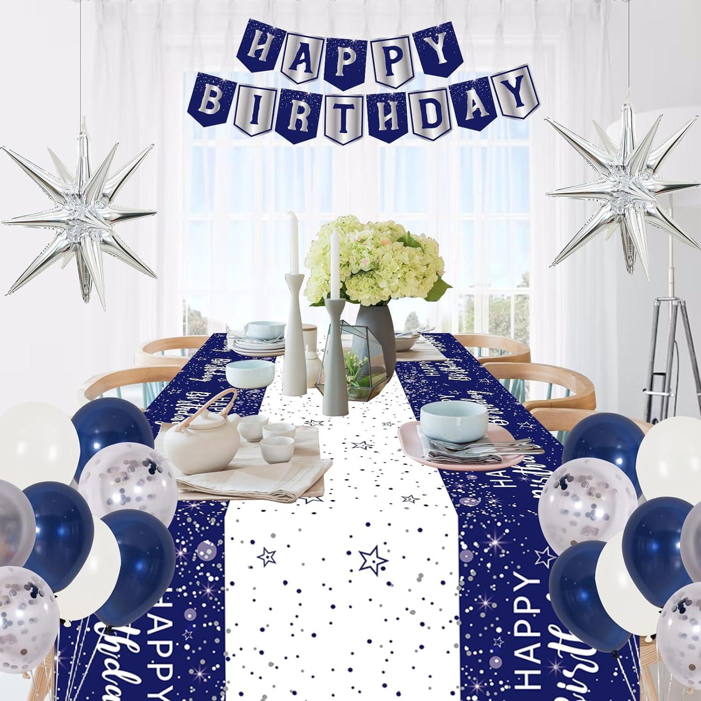 80 PCS Blue and Silver Birthday Decorations, Happy Birthday Backdrop Banner Party Supplies - Lasercutwraps Shop